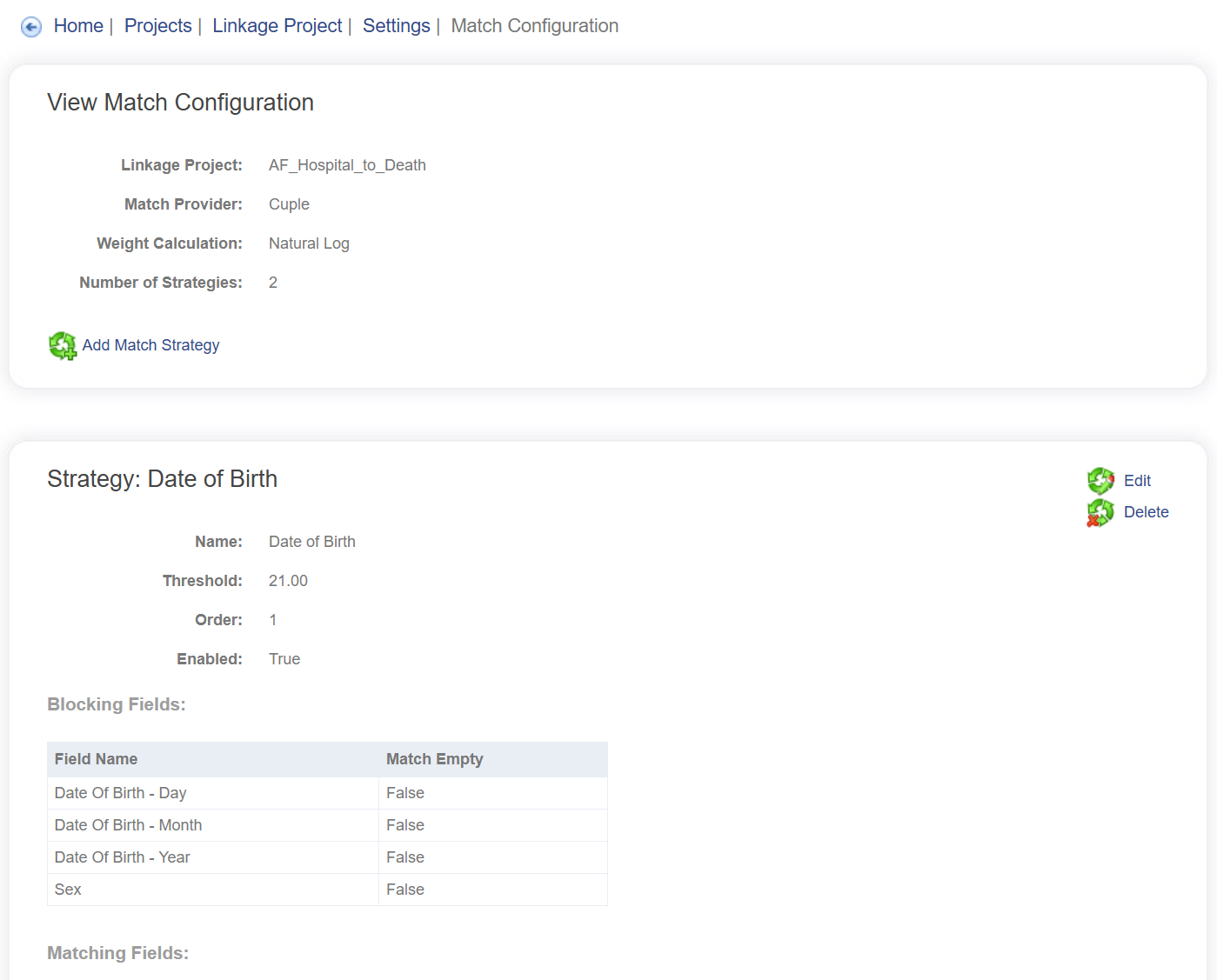 Match configuration